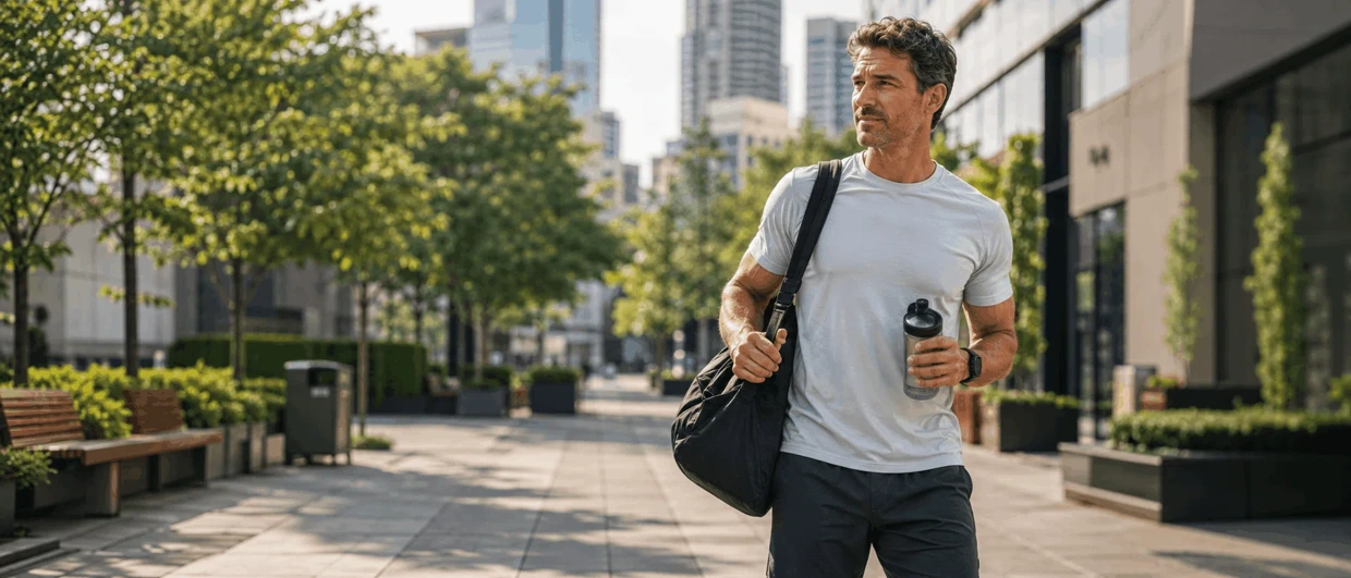 Man in athletic wear walking through the city with a gym bag and water bottle